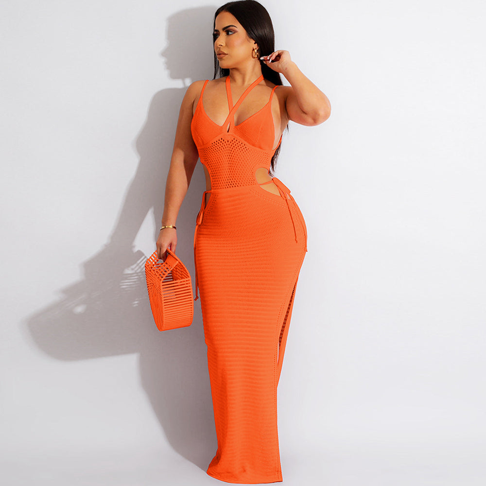 Double Strap Halter Neck Knitted Beach Maxi Dress