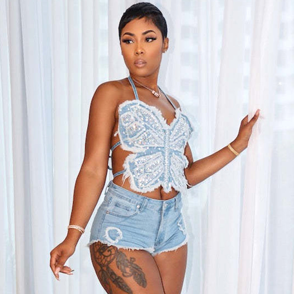 Diamond Butterfly Strap Washed Denim Shorts Set