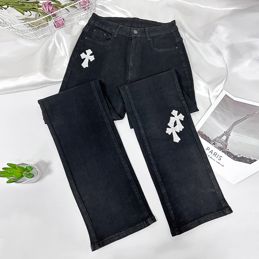 Sexy Slim Fit Cross Embroidery Elastic Denim Pants