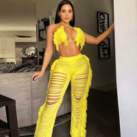 Womens Bra Top Tassel Ripped Knitted Pants Set