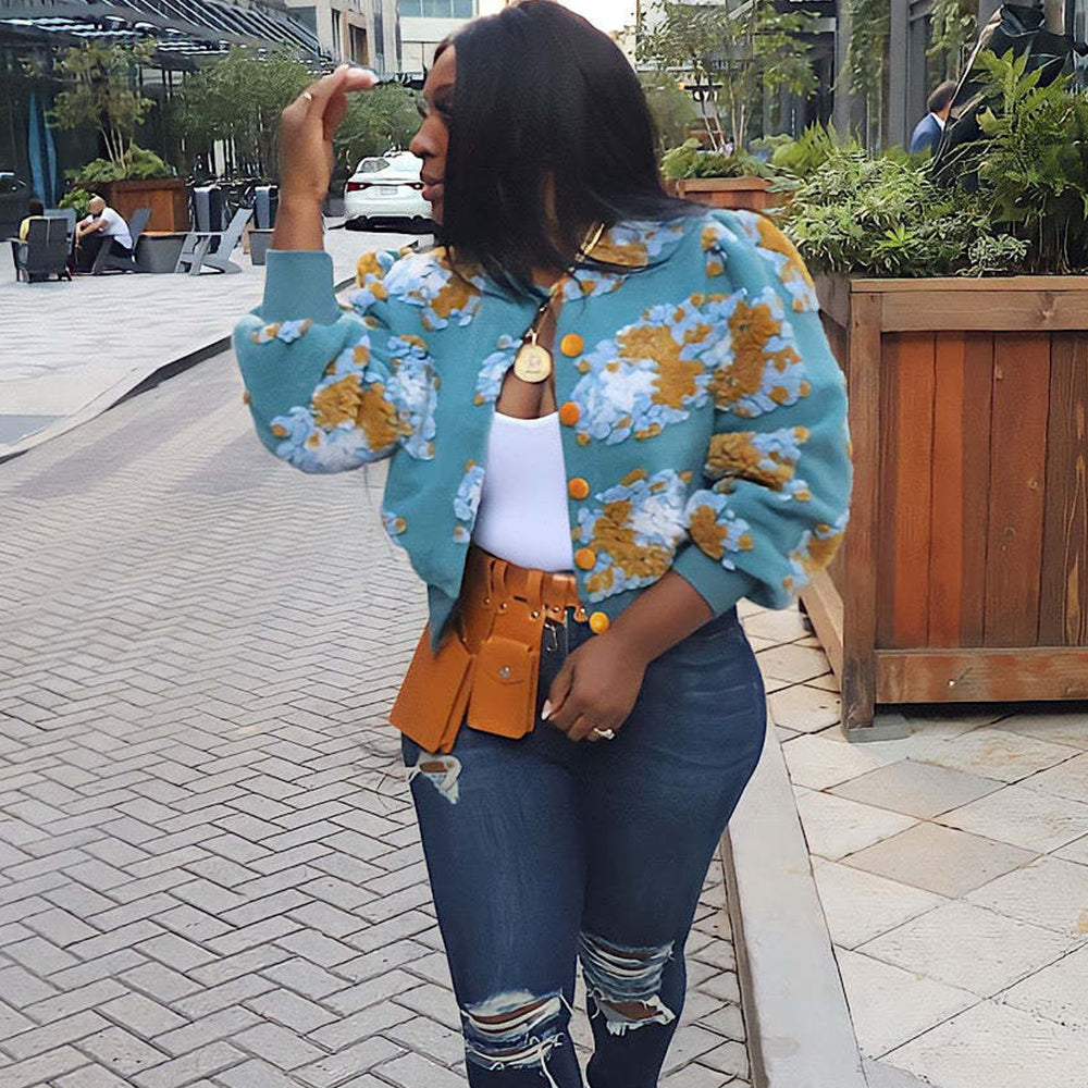 Loose Fit Flower Patched Single Breasted Blouson Jacket