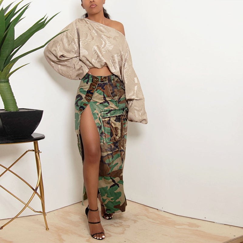 Camouflage Washed Pocket Slit Casual Maxi Skirt