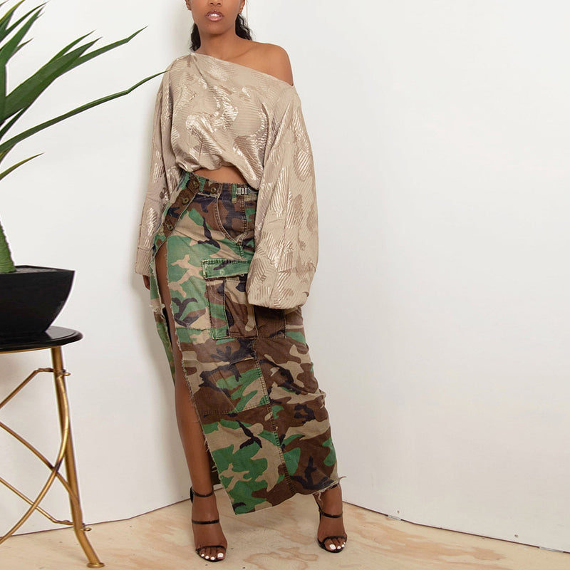 Camouflage Washed Pocket Slit Casual Maxi Skirt