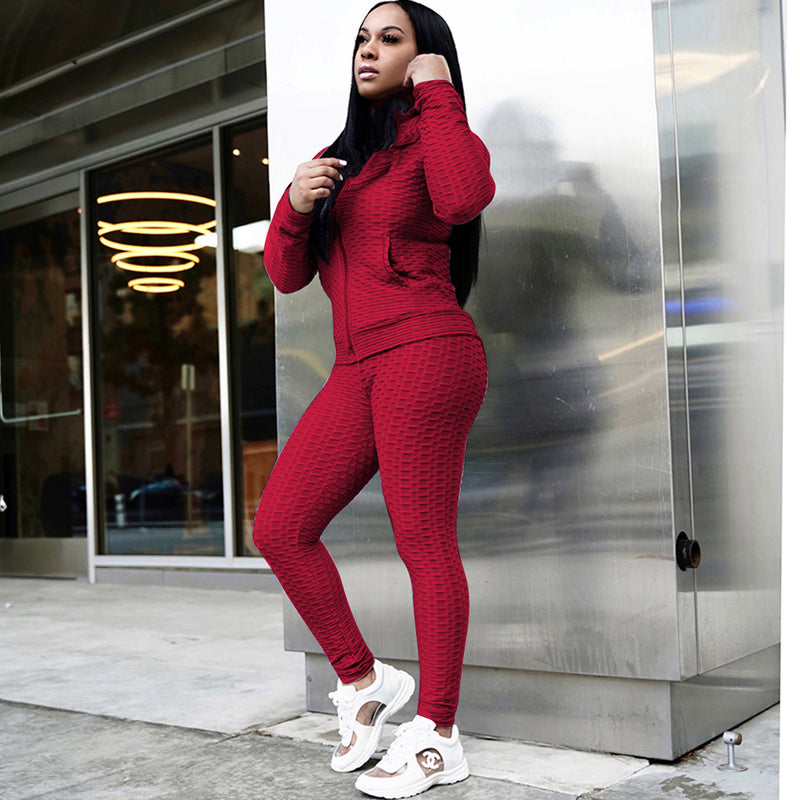 Long Sleeve Textured Trainning Jacket Pants Suit