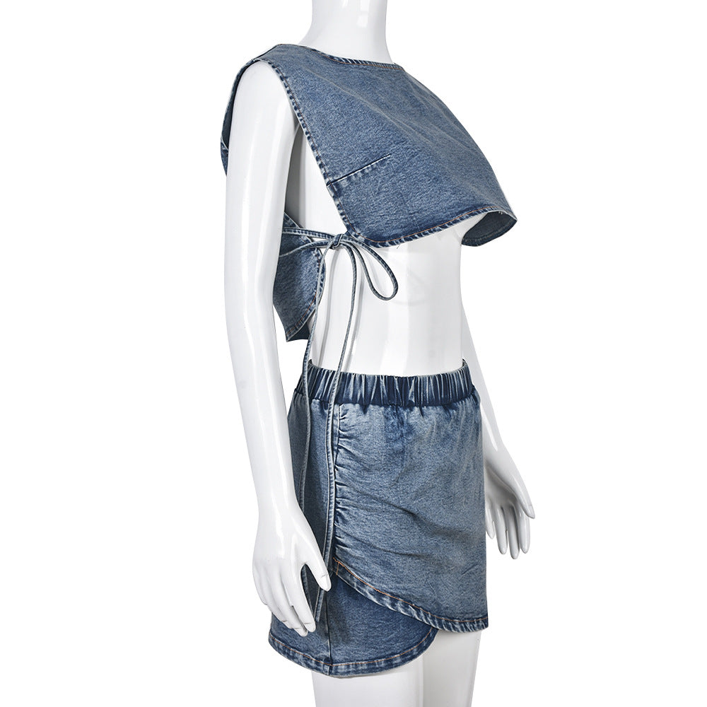 Elastic Sleeveless Tank Top Sexy Denim Mini Skirt Suit