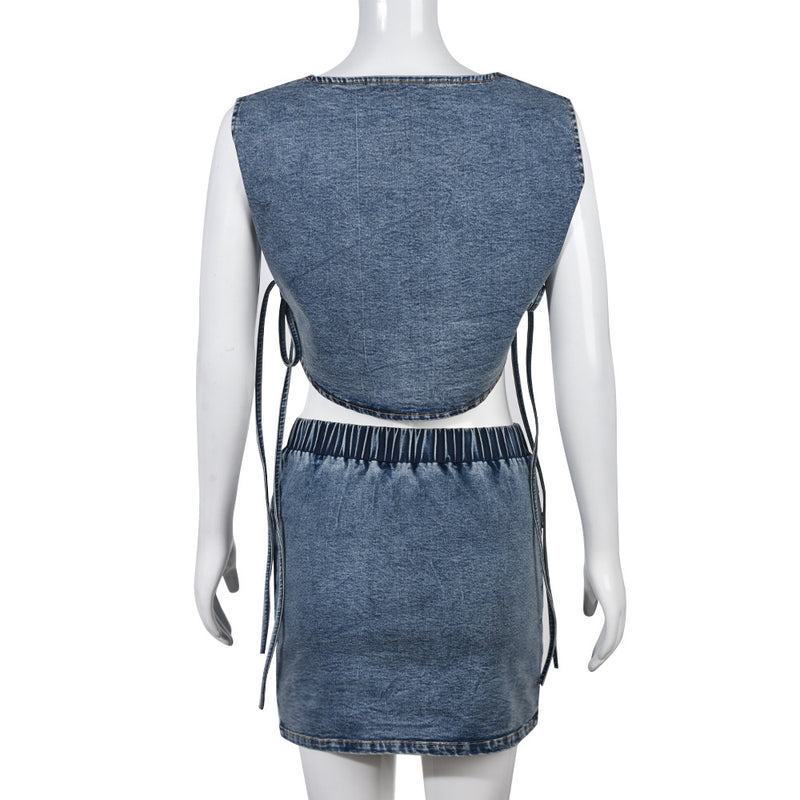 Elastic Sleeveless Tank Top Sexy Denim Mini Skirt Suit