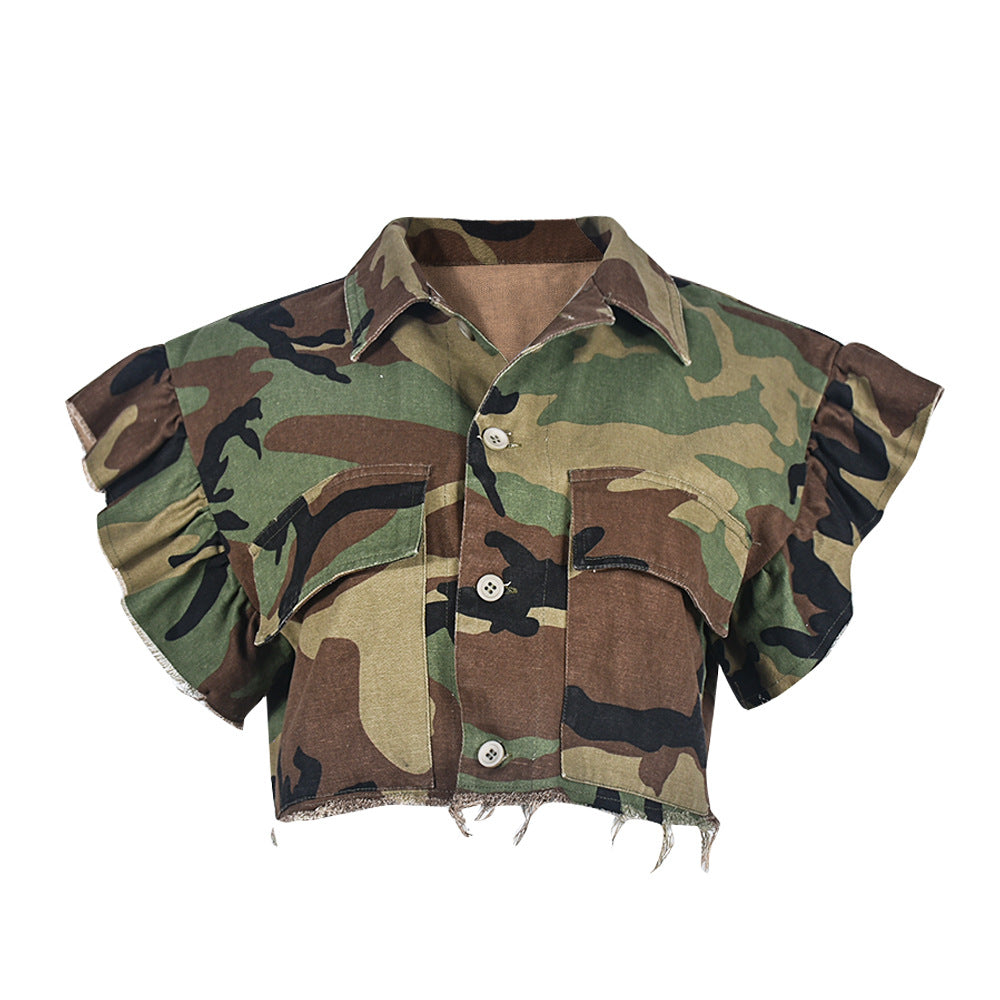 Short Sleeve Camouflage Cut Out Crop Jacket