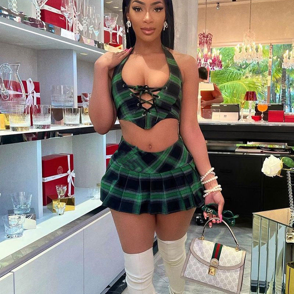 Plaid Halter Neck Crop Top Pleated Mini Skirt