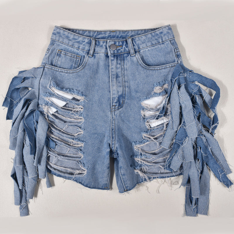 Washed High Waist Tassel Denim Shorts