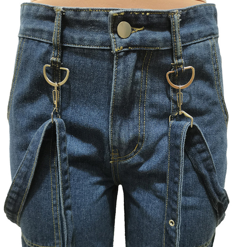 sling Loose Fit Buckled Tied Hip Hop Casual Denim Pants