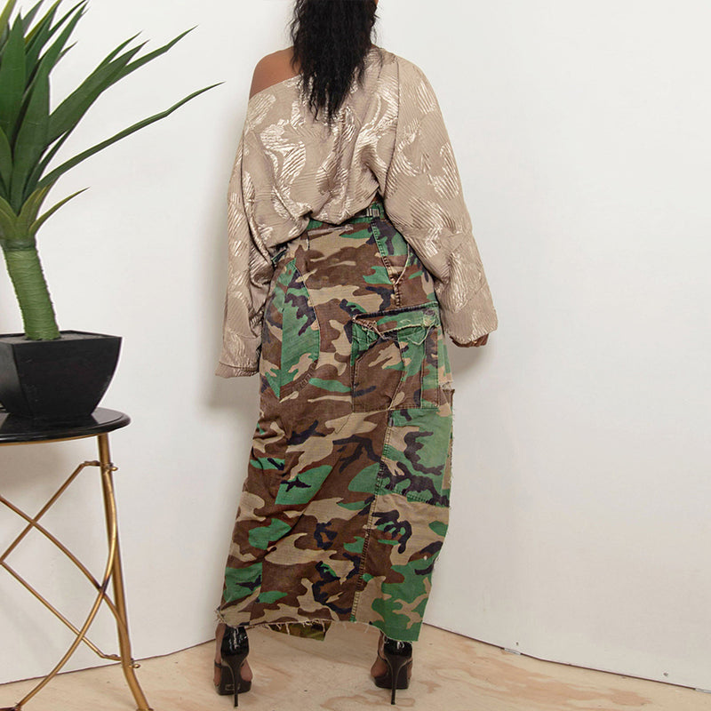 Camouflage Washed Pocket Slit Casual Maxi Skirt