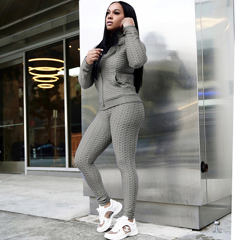 Long Sleeve Textured Trainning Jacket Pants Suit