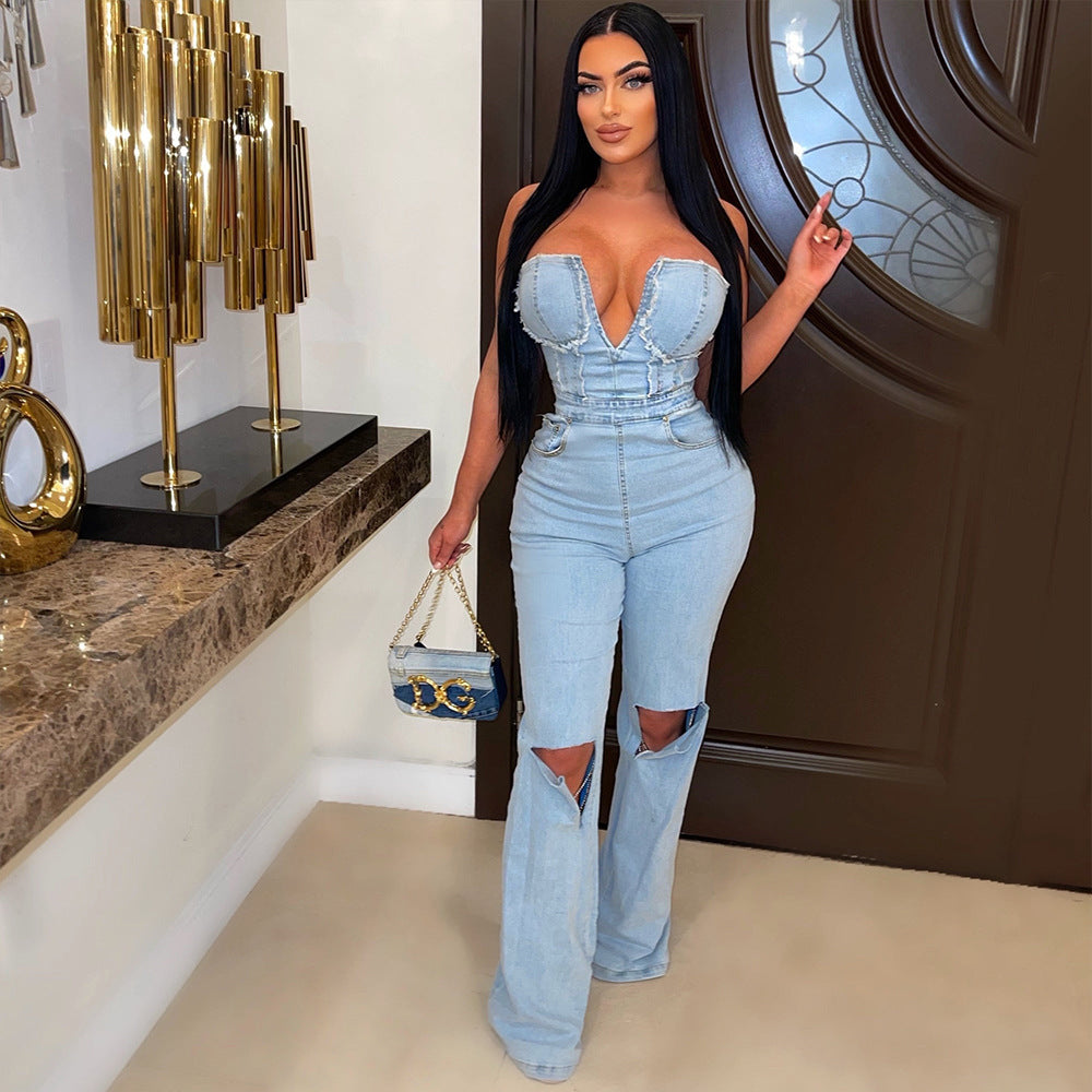 Sexy Zipper Long Chest Wrapped Denim Jumpsuit