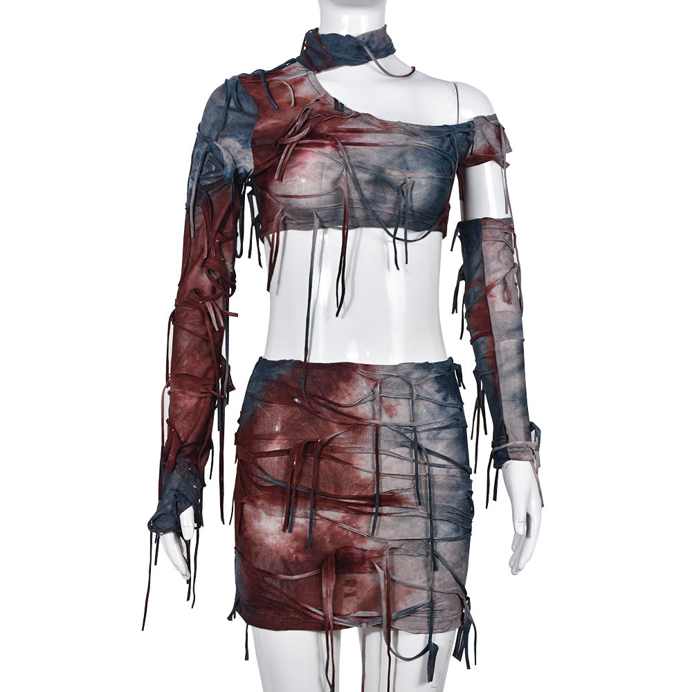 Long Sleeve Tassel Tie Dyed Costume Skirt Suit