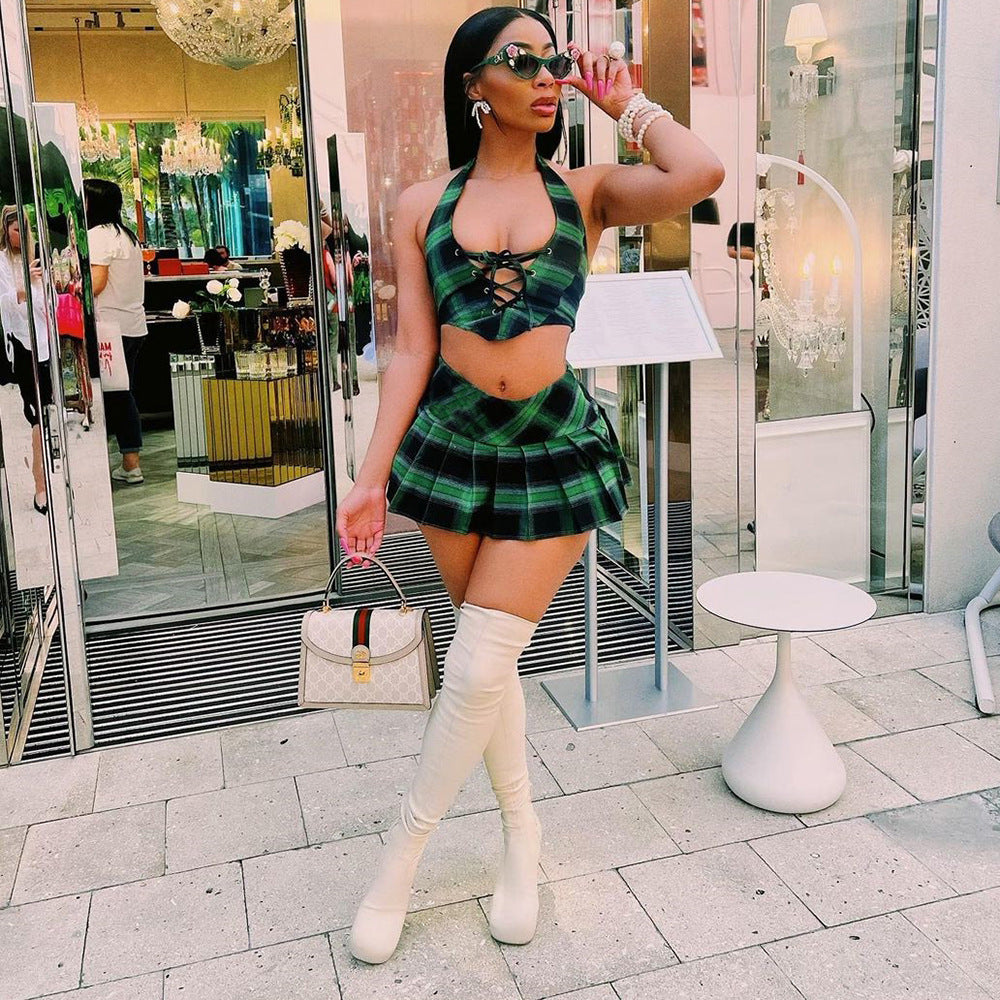 Plaid Halter Neck Crop Top Pleated Mini Skirt