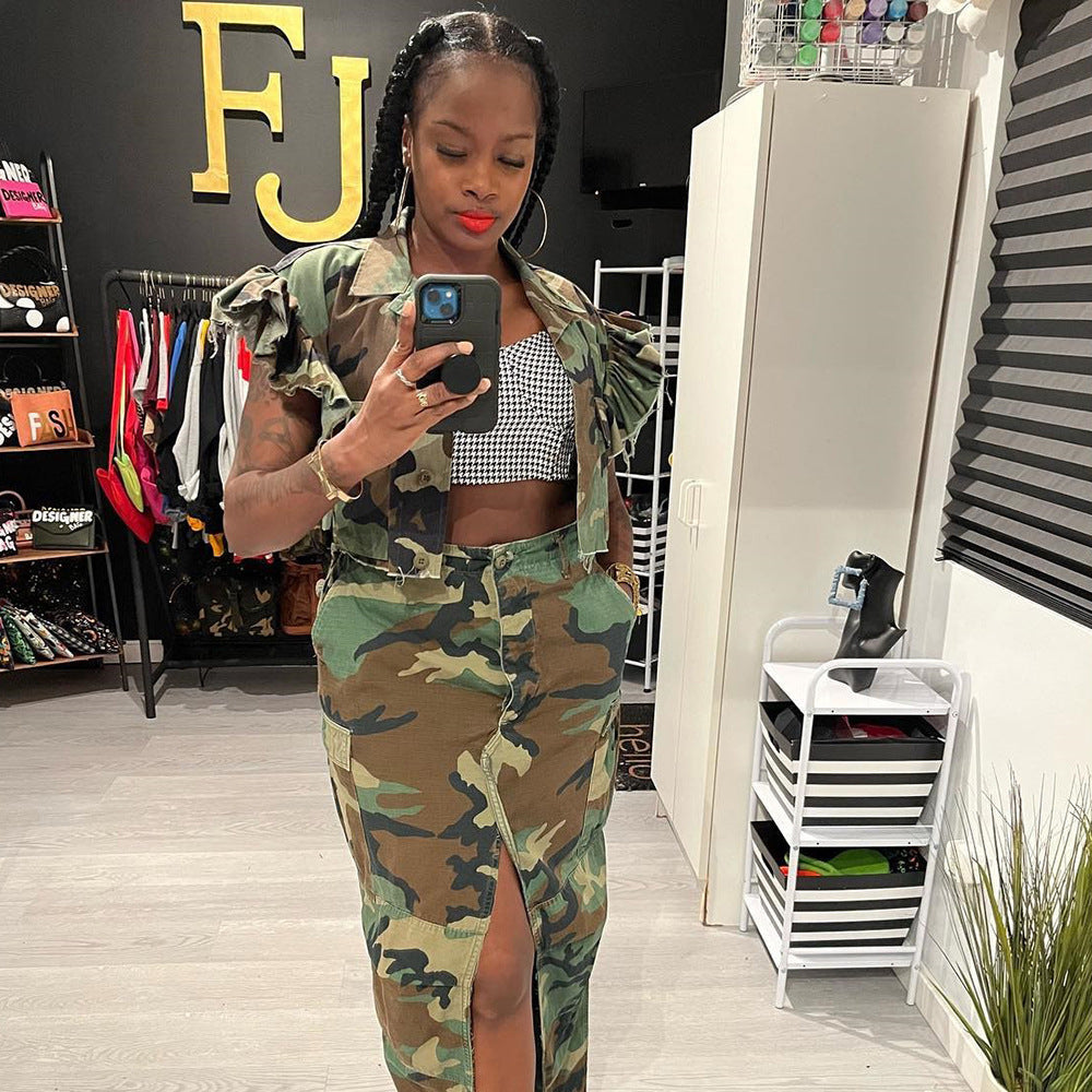 Short Sleeve Camouflage Cut Out Crop Jacket