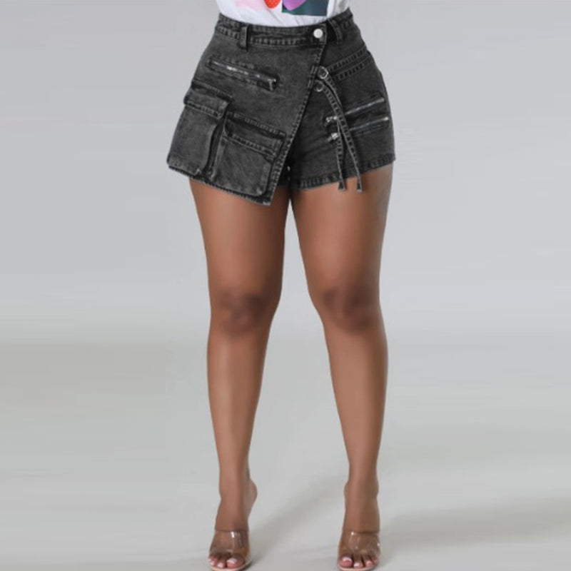 Stretch Overalls Zipper Multi Pocket Denim Shorts