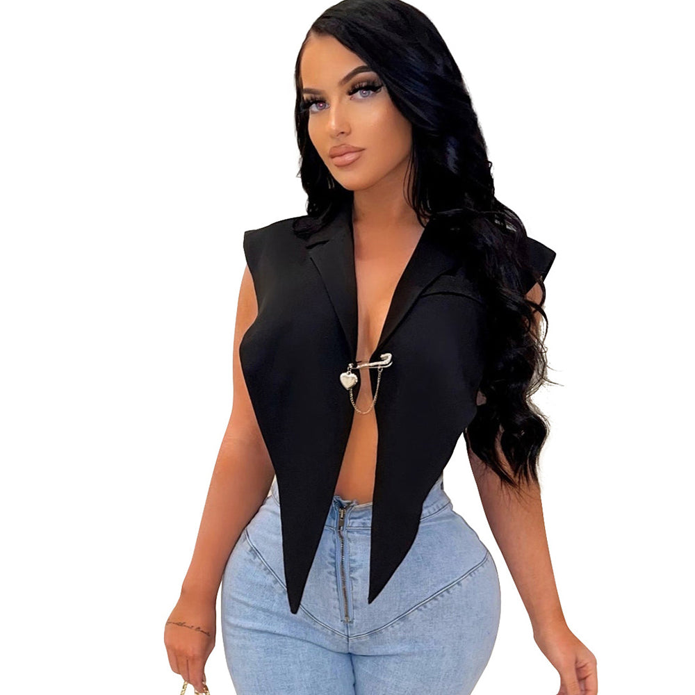 Sleeveless Big Lapel Diamond Pin Sexy Vest