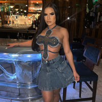 Halter Neck Cross Shape Denim Tube Top