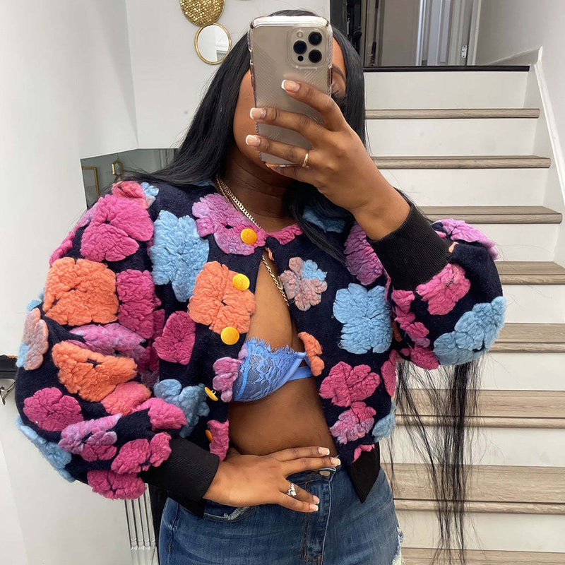 Loose Fit Flower Patched Single Breasted Blouson Jacket