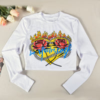 Long Sleeve Letter Rose Printed Crop T Shirt