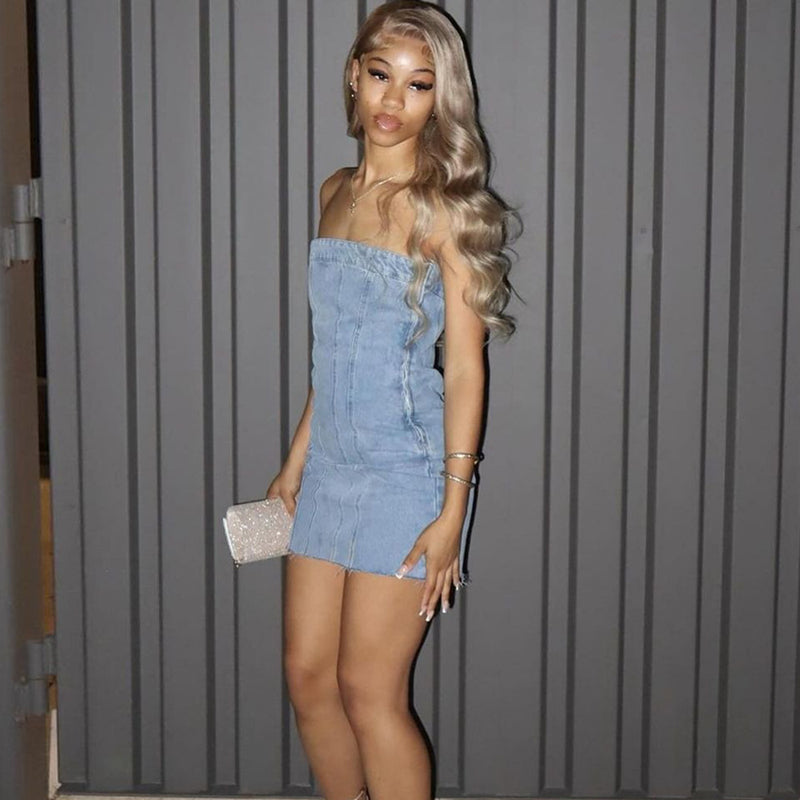 Off Shoulder Back Zip Up Washed Denim Tube Short Dress