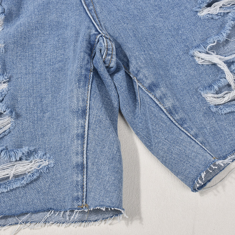 Washed High Waist Tassel Denim Shorts