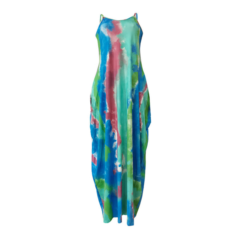 Tie Dyed Printed Casual Loose Fit Maxi Dress With Pocket