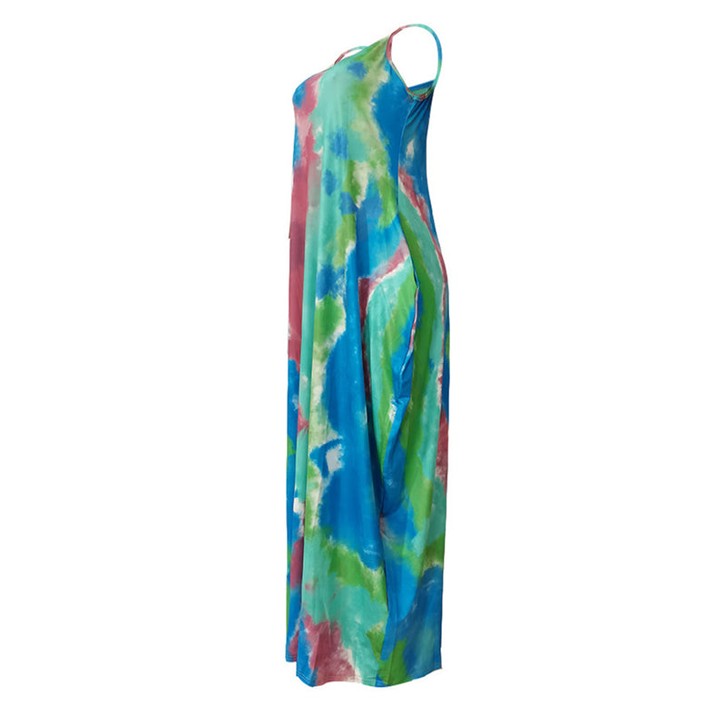 Tie Dyed Printed Casual Loose Fit Maxi Dress With Pocket