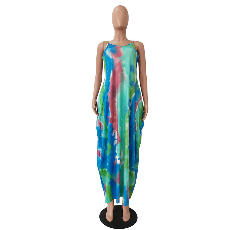 Tie Dyed Printed Casual Loose Fit Maxi Dress With Pocket