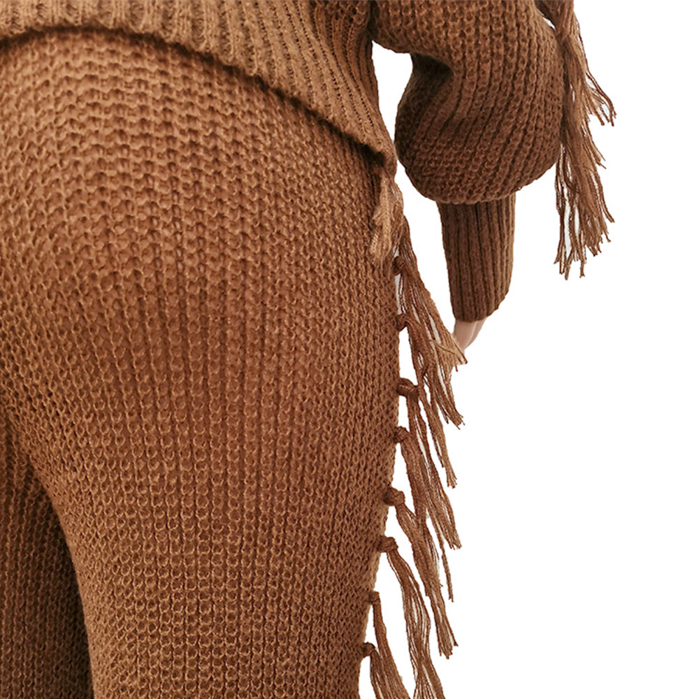 Long Sleeve Knitted High Collar Tassel Pants Suit